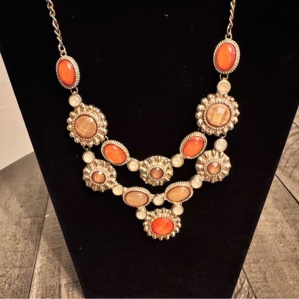 Vintage NY Two Tiered Burnt Orange‎ Brown Necklace 24" Statement